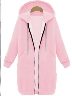 Leisure Loose Long Hooded Jackets Zipper Pockets up to Plus size Hoodies